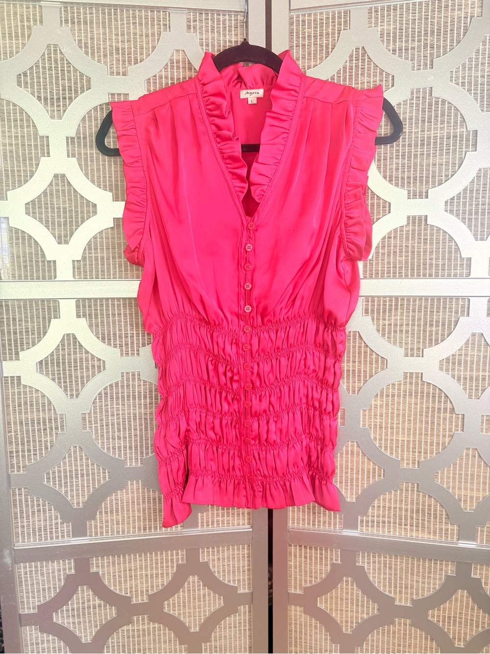 Agora Hot Pink Ruffled Sleeveless Button-Front Blouse